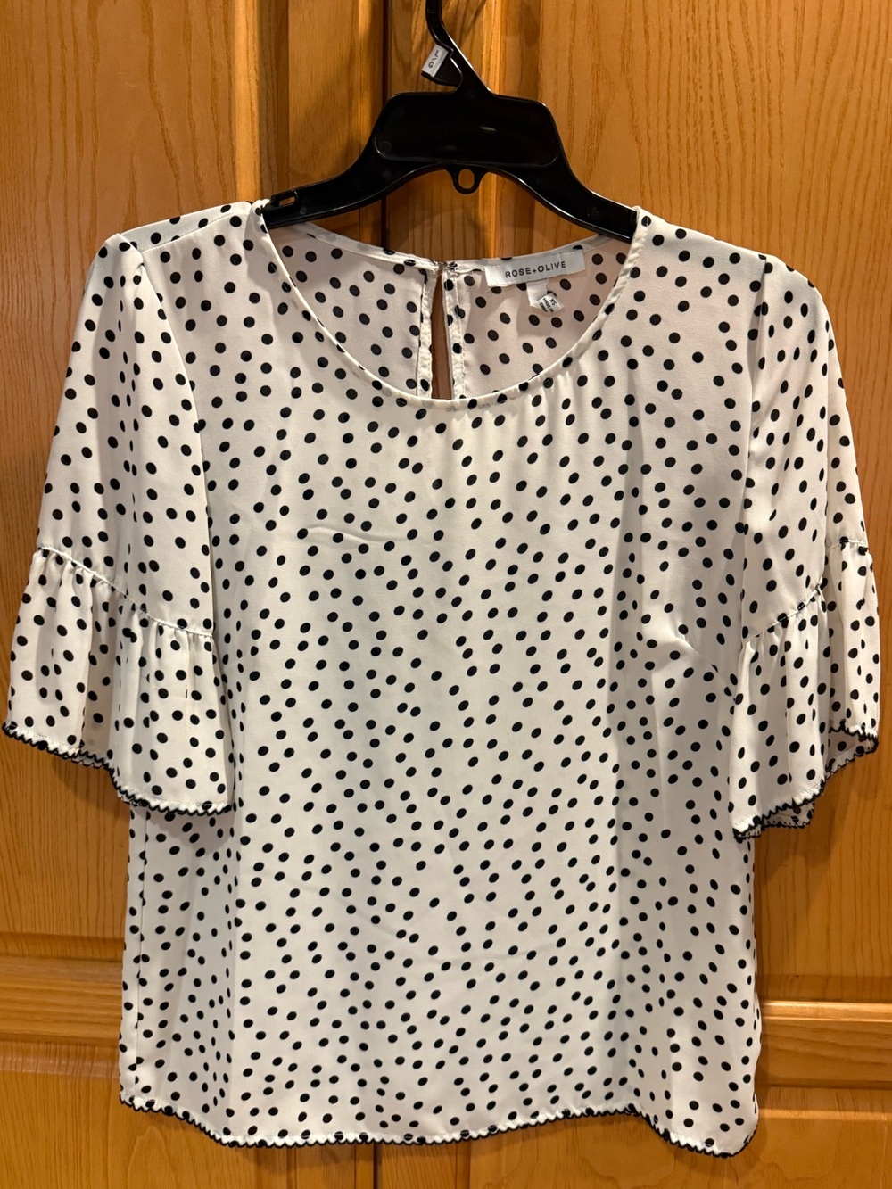 Rose and Olive Cream Blouse with Black Polkadots Short Bell Ruffle Sleeves XS